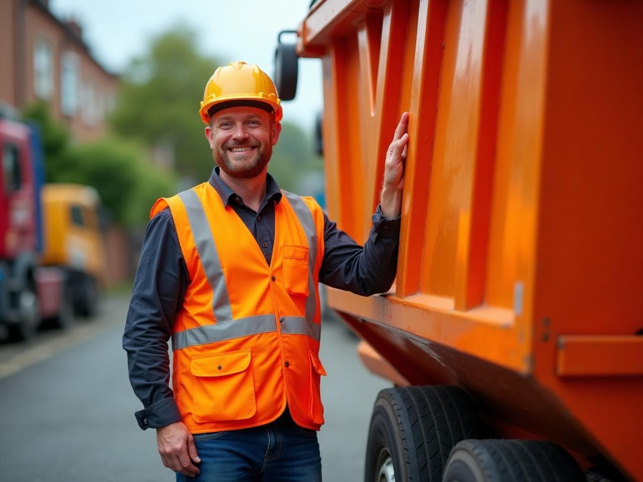 Professional service team working with skip hire equipment